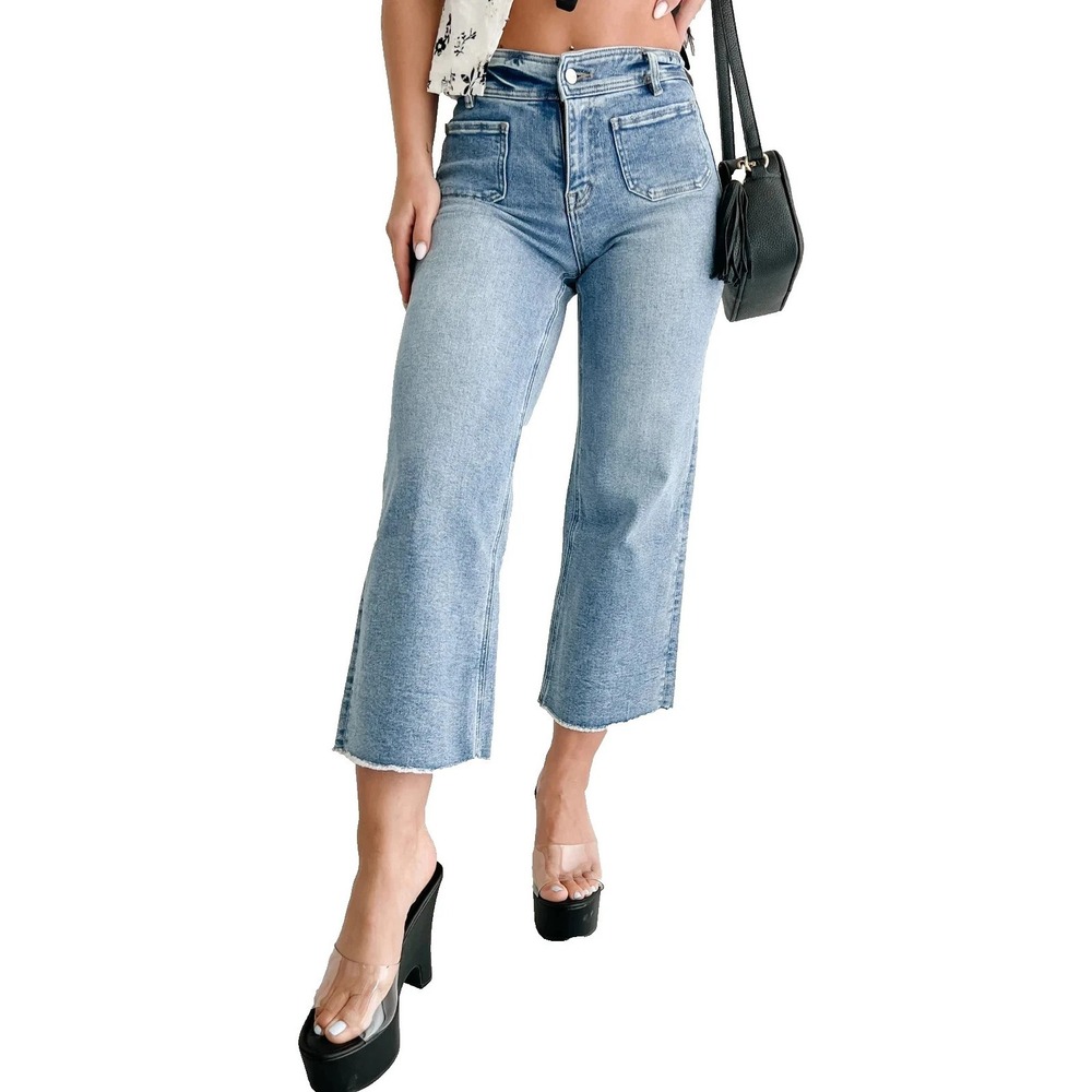 Mica Crop Jeans Womens 14W Blue Denim Medium Wash High Waisted Wide Leg Raw Hem